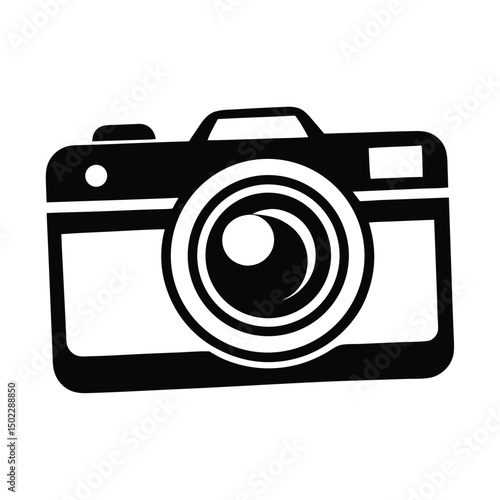 A black graphic of a camera is depicted, featuring detailed elements such as the lens and viewfinder