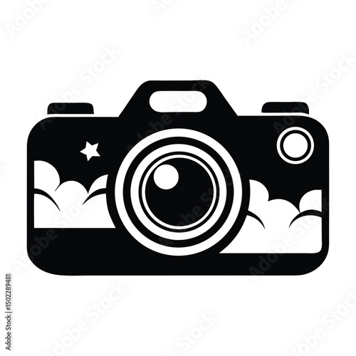 A black graphic of a camera is depicted, featuring detailed elements such as the lens and viewfinder
