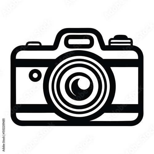 A black graphic of a camera is depicted, featuring detailed elements such as the lens and viewfinder