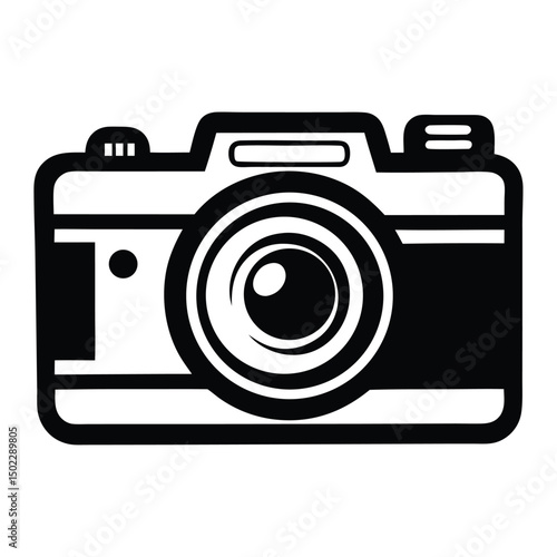 A black graphic of a camera is depicted, featuring detailed elements such as the lens and viewfinder