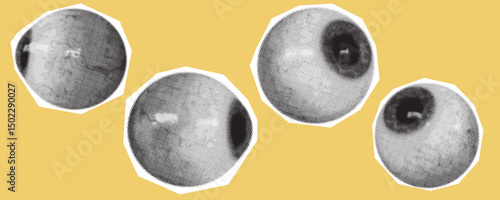 Halftone Eyes Vector Illustration on Yellow Background.
