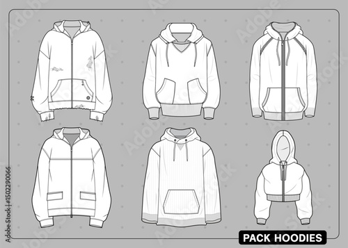 hoodie pack, Streetwear Clothing Vector Mockup Pack Techpack, Mockups Clothing Fashion Design