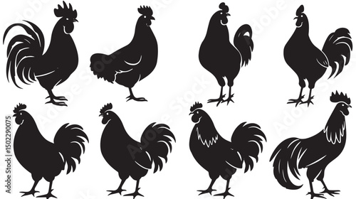 Free Rooster Silhouette Vector , black silhouettes isolated on white background