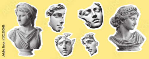 Antique Sculpture Faces Vector Halftone Illustration on Yellow Background