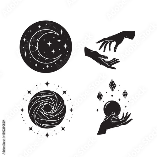 Mystical celestial and hand drawn illustrations featuring a crescent moon crystal ball and starbursts