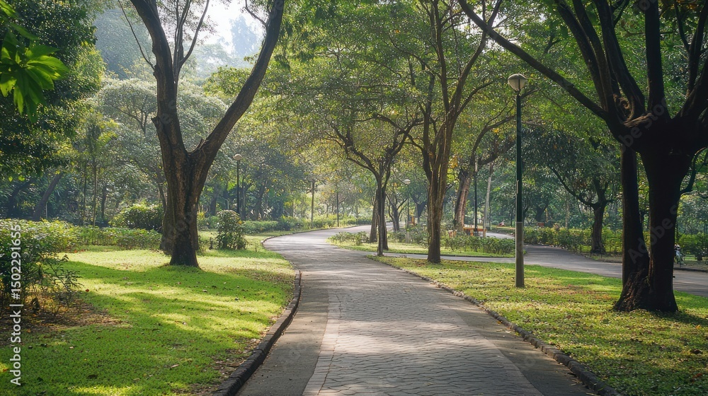 Winding pathway through a verdant park landscape in tranquil morning light Winding pathway through a verdant park landscape in tranquil morning light