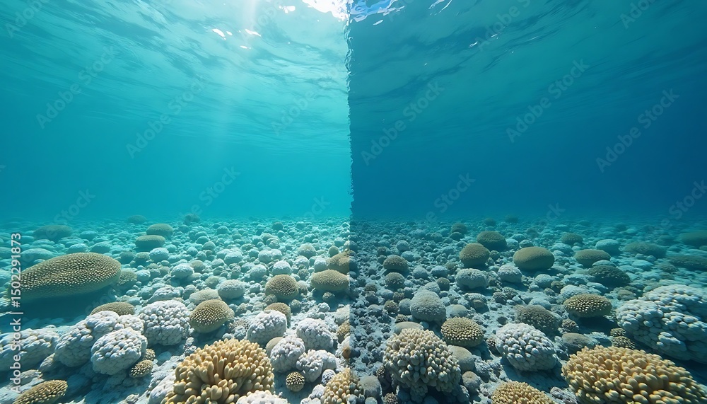 Fototapeta premium Underwater Coral Reef Landscape with Clear Turquoise Water and Sunlight