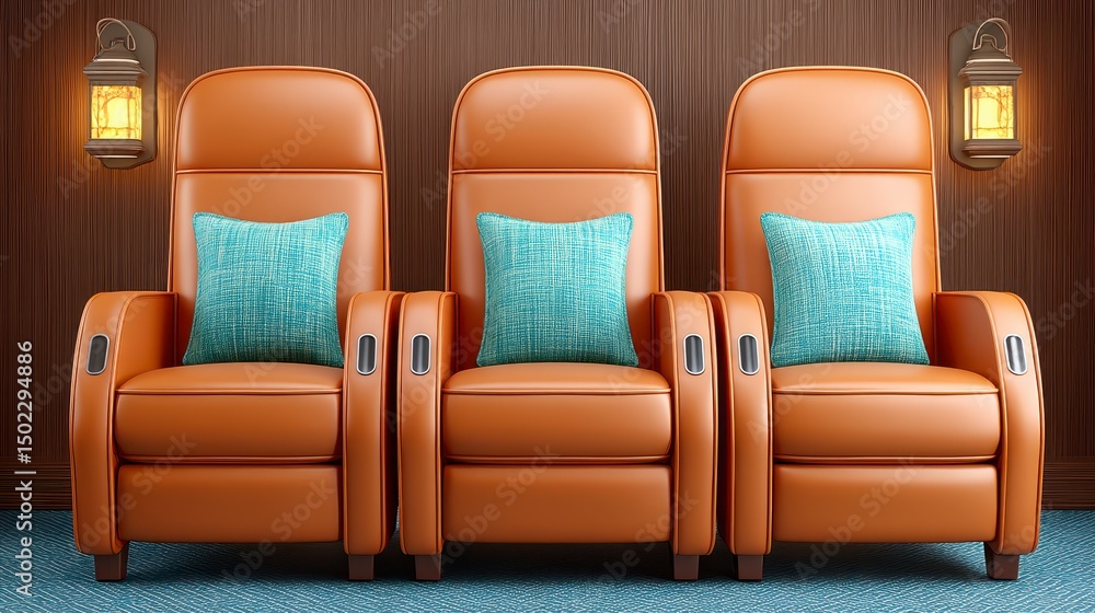 Obraz premium Three Brown Leather Recliner Chairs with Teal Pillows in a Home Theater