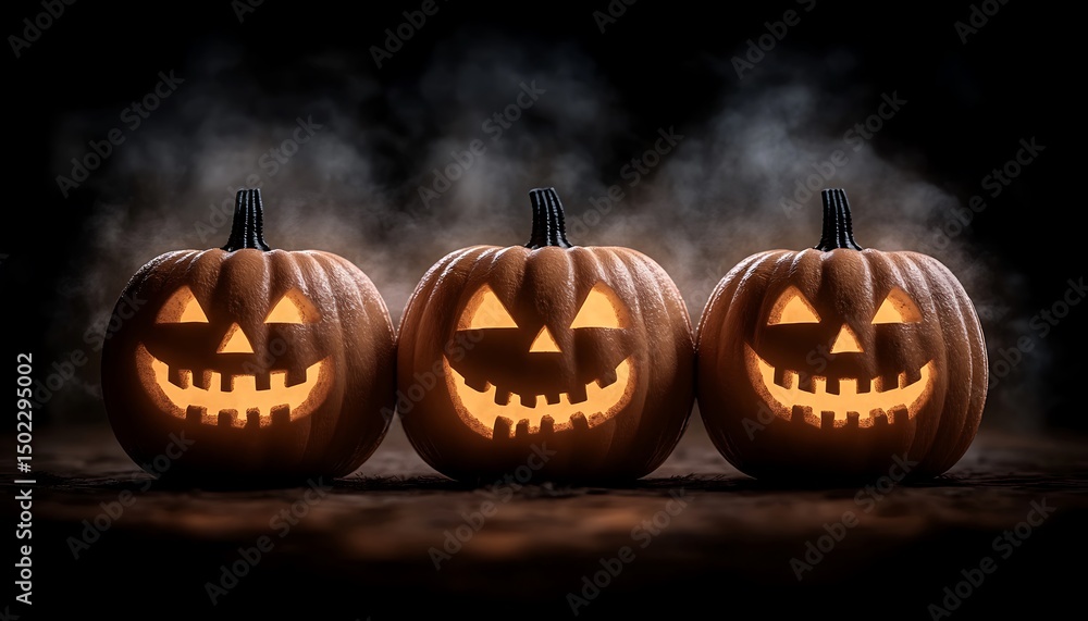 Obraz premium Three jack-o'-lanterns in a dark setting