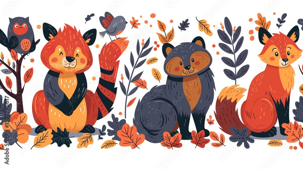 Fototapeta premium A Charming Set of Forest Animals Featuring Wild Woodland Mammal Characters in Various Cute and Playful Poses for Nature and Wildlife Illustration Designs