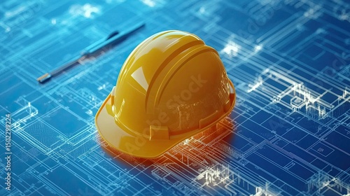 Yellow construction hard hat resting atop a detailed blueprint, symbolizing architectural planning and engineering
