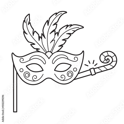 Elegant black and white carnival mask with feathers and party horn design