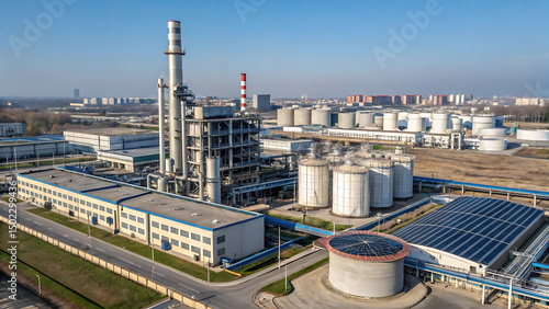 an aerial view of an industrial complex, potentially a hydrogen peroxide factory, under a clear blue sky