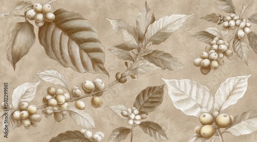 Beige textured background with a repeating pattern of stylized coffee plant branches, leaves, and berries in varying shades of brown and beige