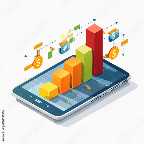 Isometric Colorful Bar Chart Showing Financial Growth on a Tablet
