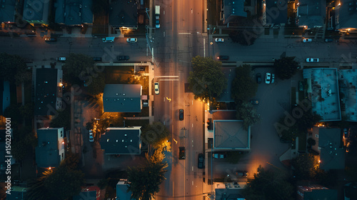 Aerial view of a city street at night with cars driving and houses lining the roads illuminated by streetlights .
