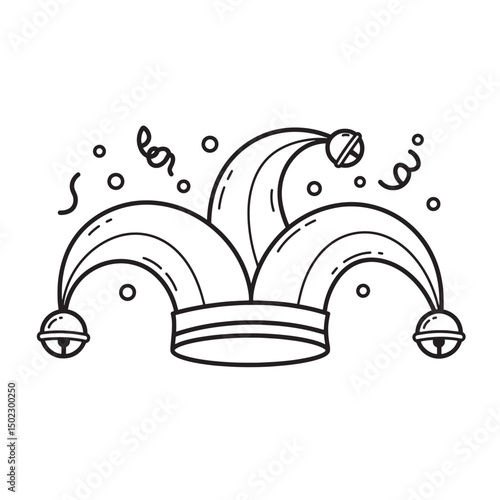 Hand drawn illustration of a classic jester hat with bell details in black and white