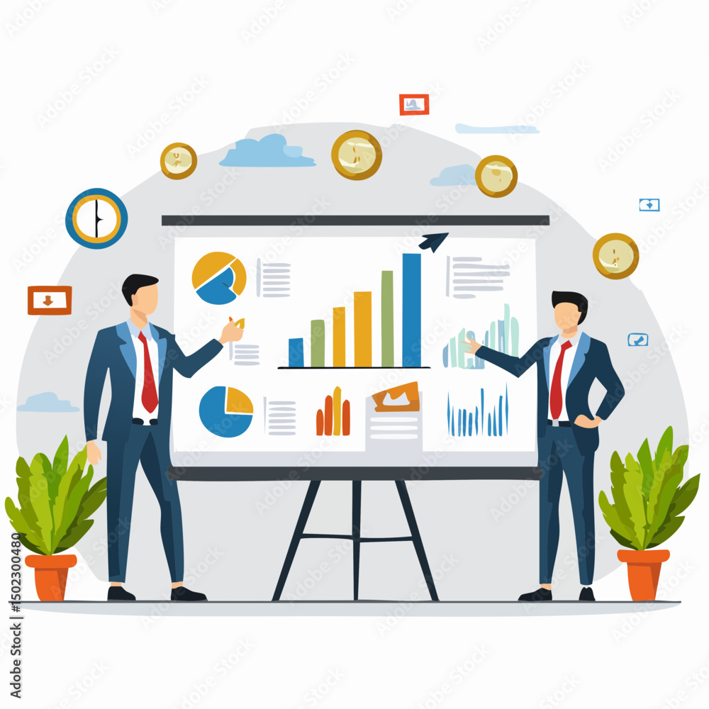 Two Businessmen Presenting Data Analysis During a Meeting Two Businessmen Presenting Data Analysis During a Meeting