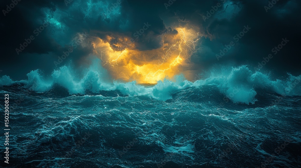 Naklejka premium Stormy sea, intense lightning