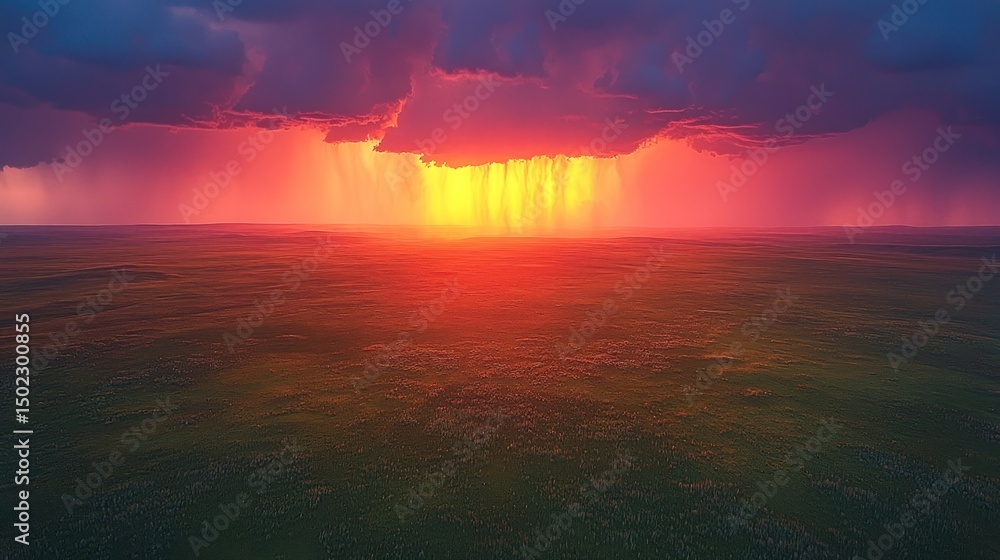 Obraz premium Dramatic sunset through stormy clouds over a flat landscape