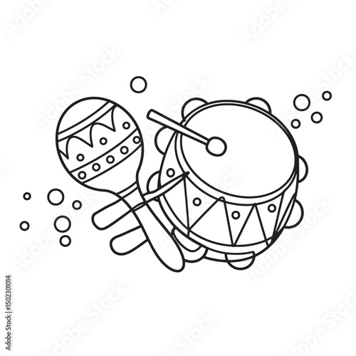 Outlined illustration of a maraca and a drum musical instrument with decorative elements in black and white