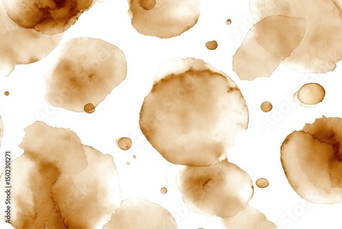 Abstract watercolor pattern of various sized brown splatters on white background, creating a coffee stain effect