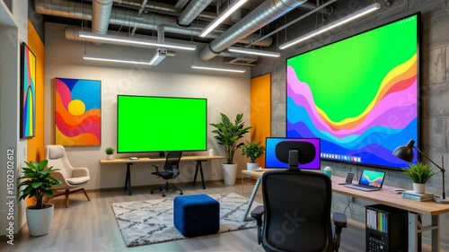 A modern office workspace with large monitors, stylish desks, vibrant wall art, plants, and comfortable seating under exposed industrial ceiling.