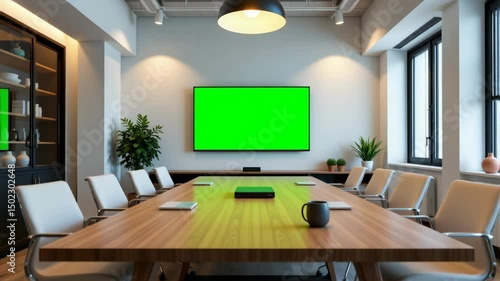 A modern conference room with a large wooden table, white chairs, and a green screen monitor on the wall.