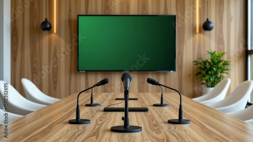 A modern conference room with microphones on a wooden table facing a large blank screen.