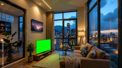 A modern living room with city skyline views at dusk, featuring a large window, cozy sofa, green screen TV, and warm ambient lighting.