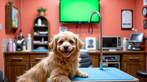 A happy golden dog sits on an examination table in a brightly lit veterinary clinic room.