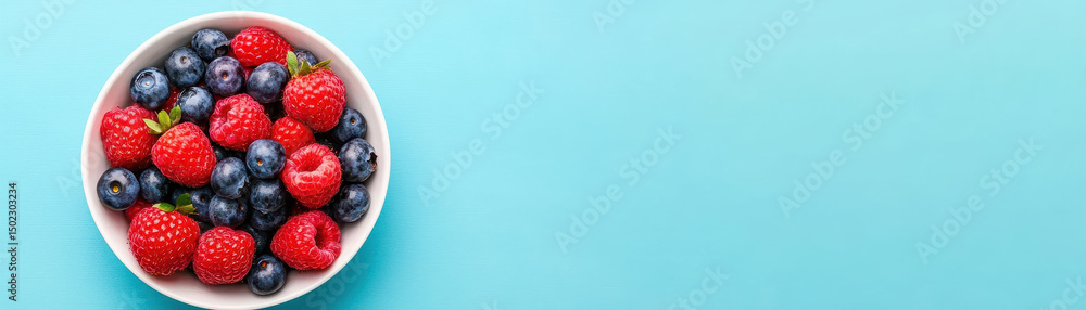 Vibrant mixed berry platter featuring raspberries and blueberries white bowl blue background, perfect for healthy snacking Vibrant mixed berry platter featuring raspberries and blueberries white bowl blue background, perfect for healthy snacking