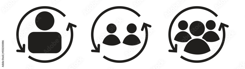 Fototapeta premium User and Group Synchronization Icons, customer icon, group of customer icon, customer retention, group of customer retention, returning client vector icon, return sign, customer relationship