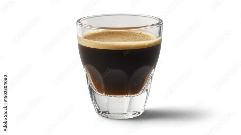 Espresso in a glass, isolated on white background. Possible use Restaurant menu item, product catalog Espresso in a glass, isolated on white background. Possible use Restaurant menu item, product catalog
