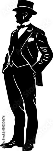 Butler Vector Illustration, Elegant Male Servant Icon in Black and White