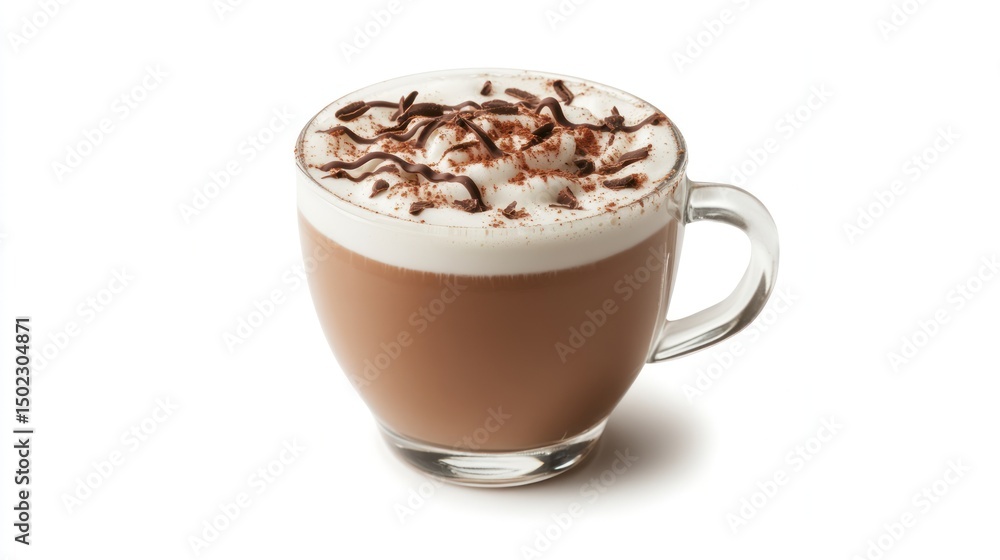 Hot Chocolate in Glass Cup, Creamy Foam, Chocolate Topping, Isolated Hot Chocolate in Glass Cup, Creamy Foam, Chocolate Topping, Isolated