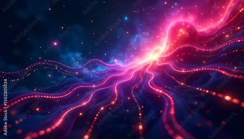 Obraz premium Cosmic technology background featuring a digital nebula with flowing data streams and neon circuits, blending space and advanced tech elements.