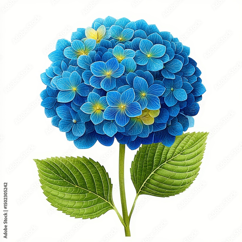 Obraz premium Vibrant Blue Hydrangea Blossom with Green Leaves on White Background