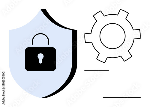 Shield with lock and gear highlights cybersecurity, privacy, and system reliability. Ideal for IT services, data protection, secure login, software updates, safe access, and simple landing page