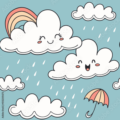 Cartoon Style Seamless Pattern Of Fluffy White Close.