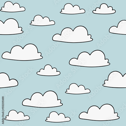 Cartoon Style Seamless Pattern Of Fluffy White Close.