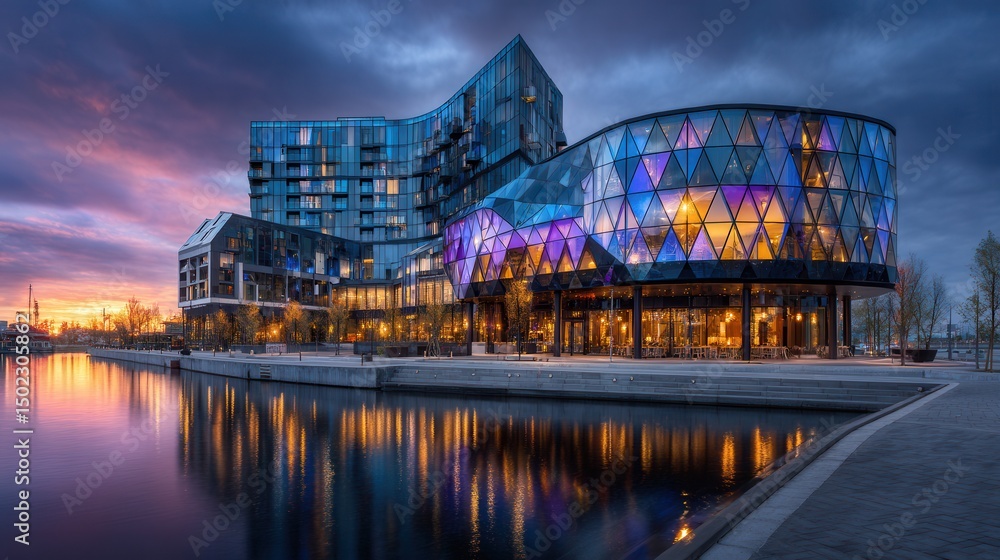 Fototapeta premium Modern hotel complex by a waterfront at sunset
