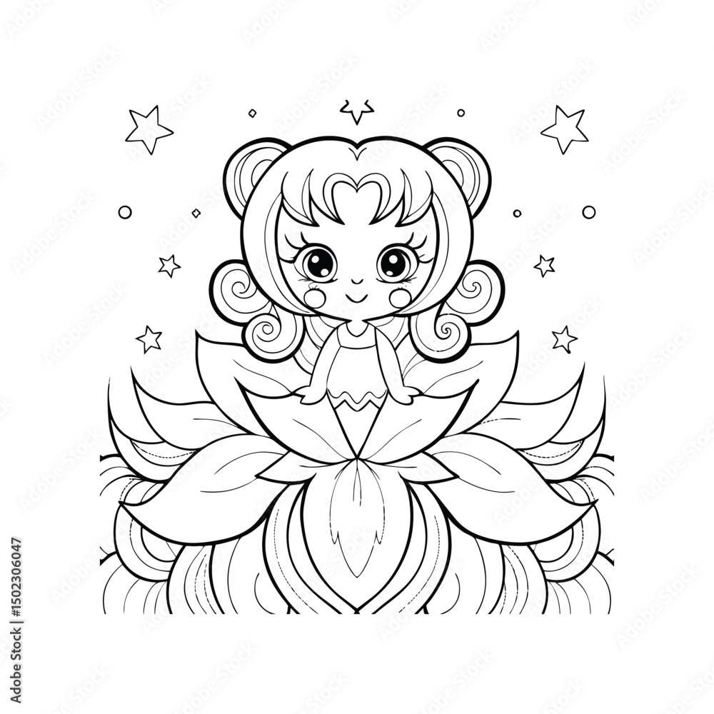 Obraz premium Adorable Fairy Princess Coloring Page Cute Kawaii Style Flower Girl Illustration