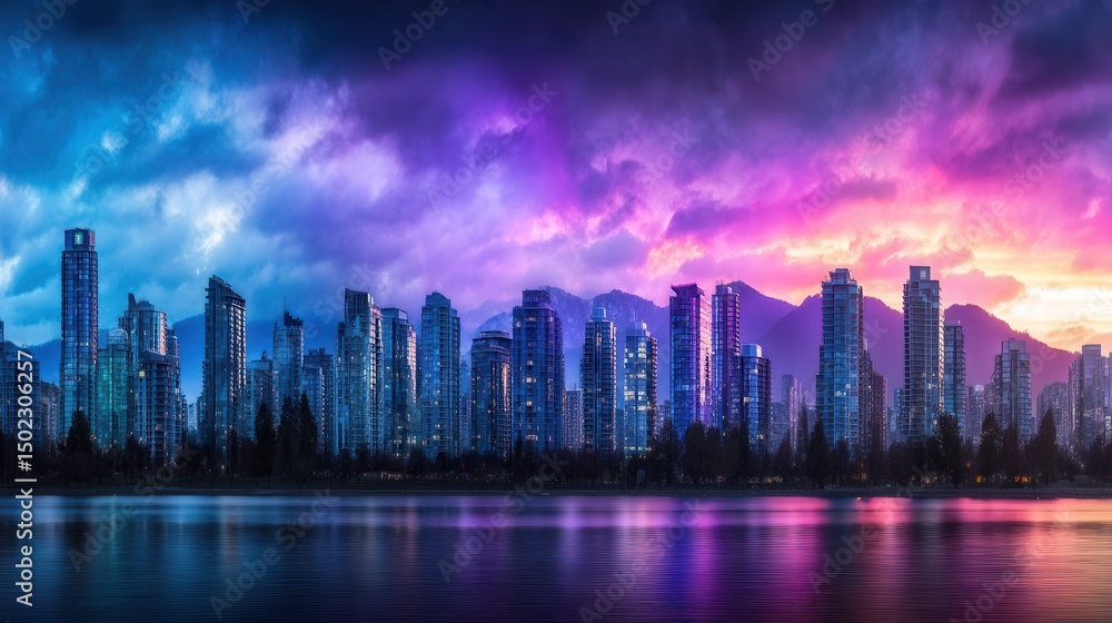 Fototapeta premium Vibrant city skyline at sunset reflecting in water. Dramatic clouds paint the sky in hues of purple, pink, and blue