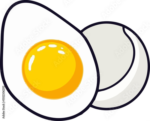 Whole and broken egg style vector icons, thick lines, flat design, bright yellow egg yolk and white egg white, on transparent background.