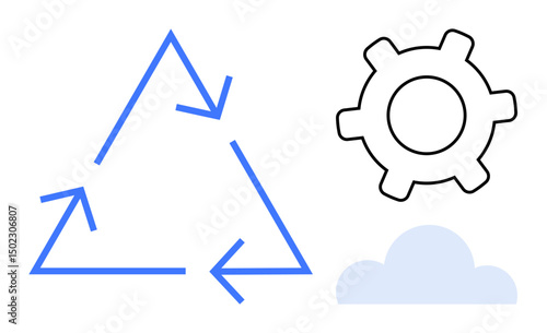 Blue recycling triangle with arrows, outlined gear, and cloud icon representing sustainability, cloud computing, innovation, workflow, process optimization, eco-efficiency development. Ideal