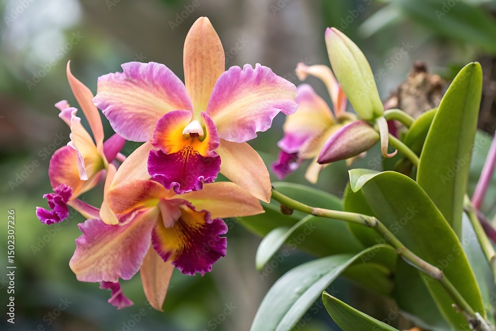 Fototapeta premium A beautiful pink orchid flower with delicate petals blooming on a green background