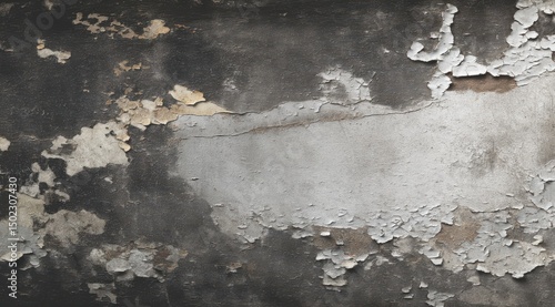 Weathered dark surface with peeling paint, revealing patches of lighter undercoat and exposed substrate; texture is rough and uneven