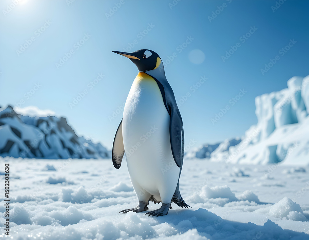 Fototapeta premium Penguin Standing on Snow in Arctic Landscape on a Sunny Day