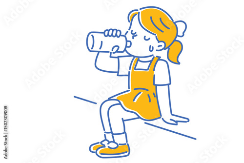 太陽の下で水分補給をする女の子のイラスト